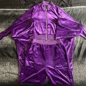 Sporty Velvet Solid Zipper 2 Piece Pant Sets